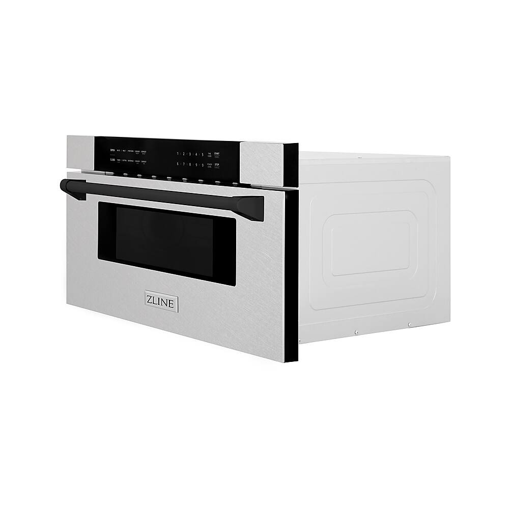 Left. ZLINE - Autograph Edition 30" 1.2 cu. ft. Built-In Microwave Drawer in Stainless Steel with Matte Black Accents.