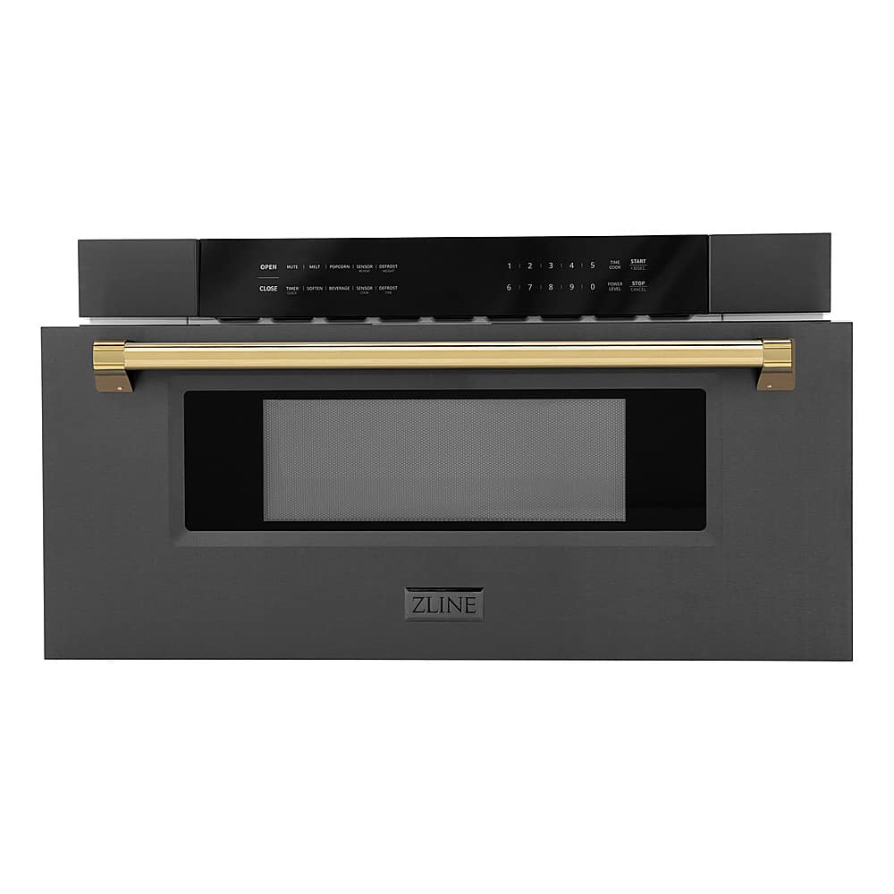 Angle. ZLINE - Autograph Edition 30 in. Built-in Microwave Drawer in Black Stainless Steel and Gold Accents.