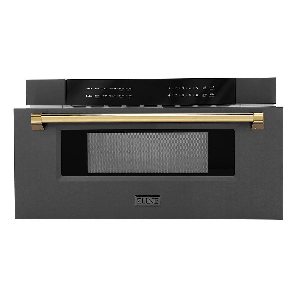 Angle. ZLINE - Autograph Edition 30 in.  Built-in Microwave Drawer in Black Stainless Steel and Gold Accents.