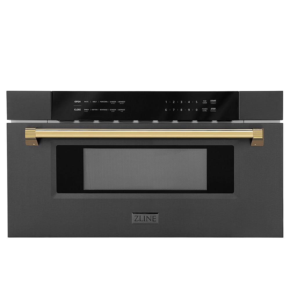 Front. ZLINE - Autograph Edition 30 in. Built-in Microwave Drawer in Black Stainless Steel and Gold Accents.