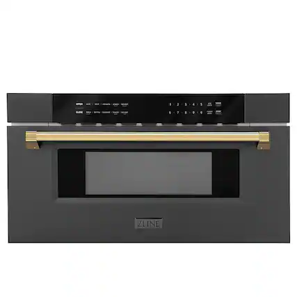 Front. ZLINE - Autograph Edition 30 in. Built-in Microwave Drawer in Black Stainless Steel and Gold Accents.