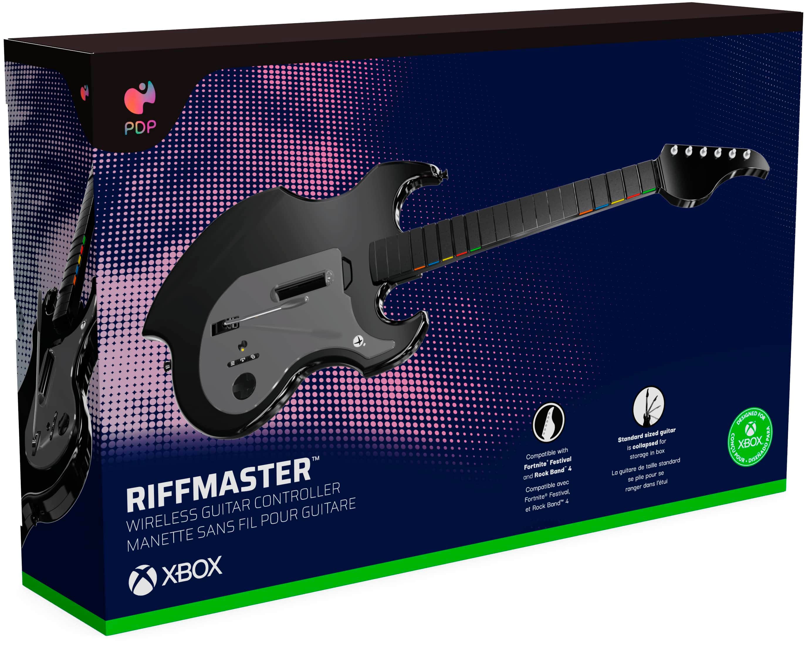 PDP RiffMaster Guitar Controller Guitare Wireless for Xbox One with Compatible Festival Fever Band and Rock Band 4. A mock-sized guitar standard for easy storage and portability. Designed for use with Xbox One game controllers.