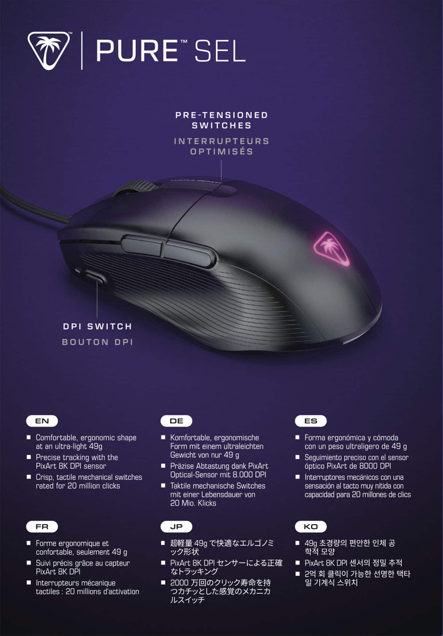 Alt View 19. Turtle Beach - Pure SEL Ultra-Light Wired Ergonomic RGB Gaming Mouse with 8K DPI Optical Sensor & Mechanical Switches - Black.