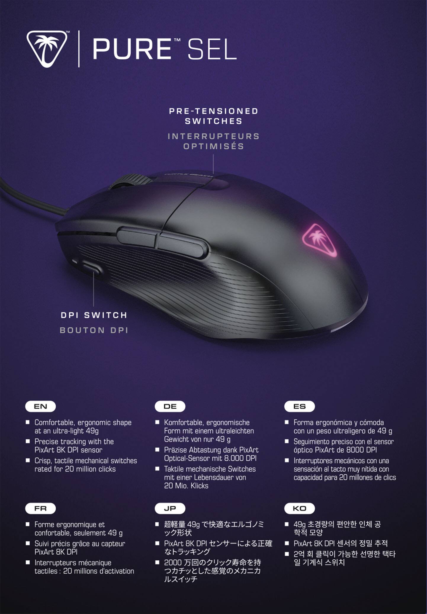 Alt View 19. Turtle Beach - Pure SEL Ultra-Light Wired Ergonomic RGB Gaming Mouse with 8K DPI Optical Sensor & Mechanical Switches - Black.