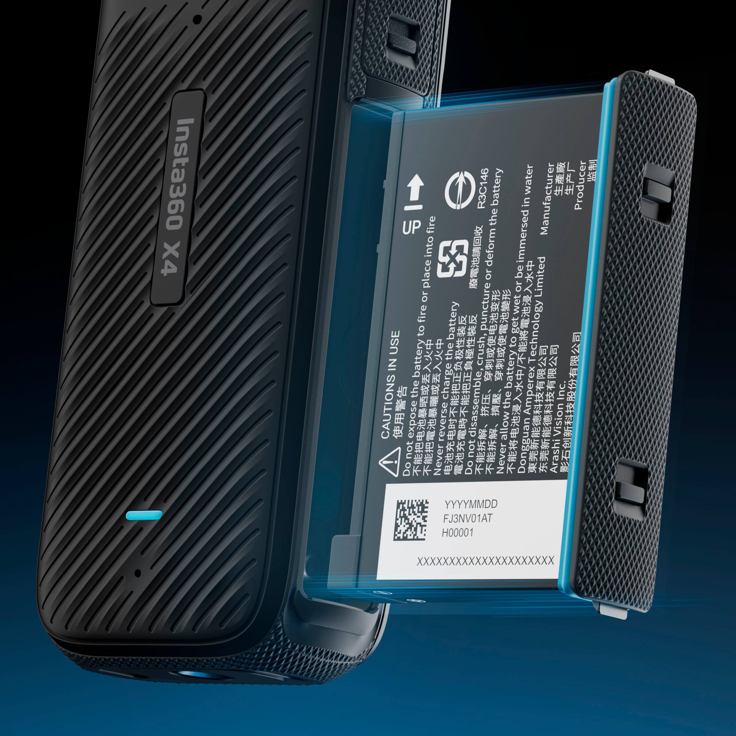 The image features a close-up view of a battery pack for an Insta360 X4 waterproof camera. The battery pack is placed next to the camera, and the battery is clearly visible, with the manufacturer's information and instructions printed on it. The battery pack is designed to be waterproof and can be used in water-related activities. However, it is important to follow the manufacturer's instructions and precautions when using the battery pack, such as not disassembling it, not exposing it to extreme temperatures, and not crushing or puncturing it. The battery pack is marked with a barcode and a serial number, indicating its unique identification.
