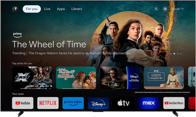 For you: Live Apps Library Google TV Prime The Wheel of Time Trending The Dragon Reborn faces his destiny as the Last Battle approaches Top picks for you: FAST FAST Are You There God? It's Me, Margaret. - - - - - - - - Loki Season 1 - Disney+ - Now streaming on Disney+ Lessons in Chemistry - Your apps Netflix subscription required Separate subscriptions required for certain streaming services - access to certain content YouTube Netflix Prime Video Disney+ TV Max YouTube Music