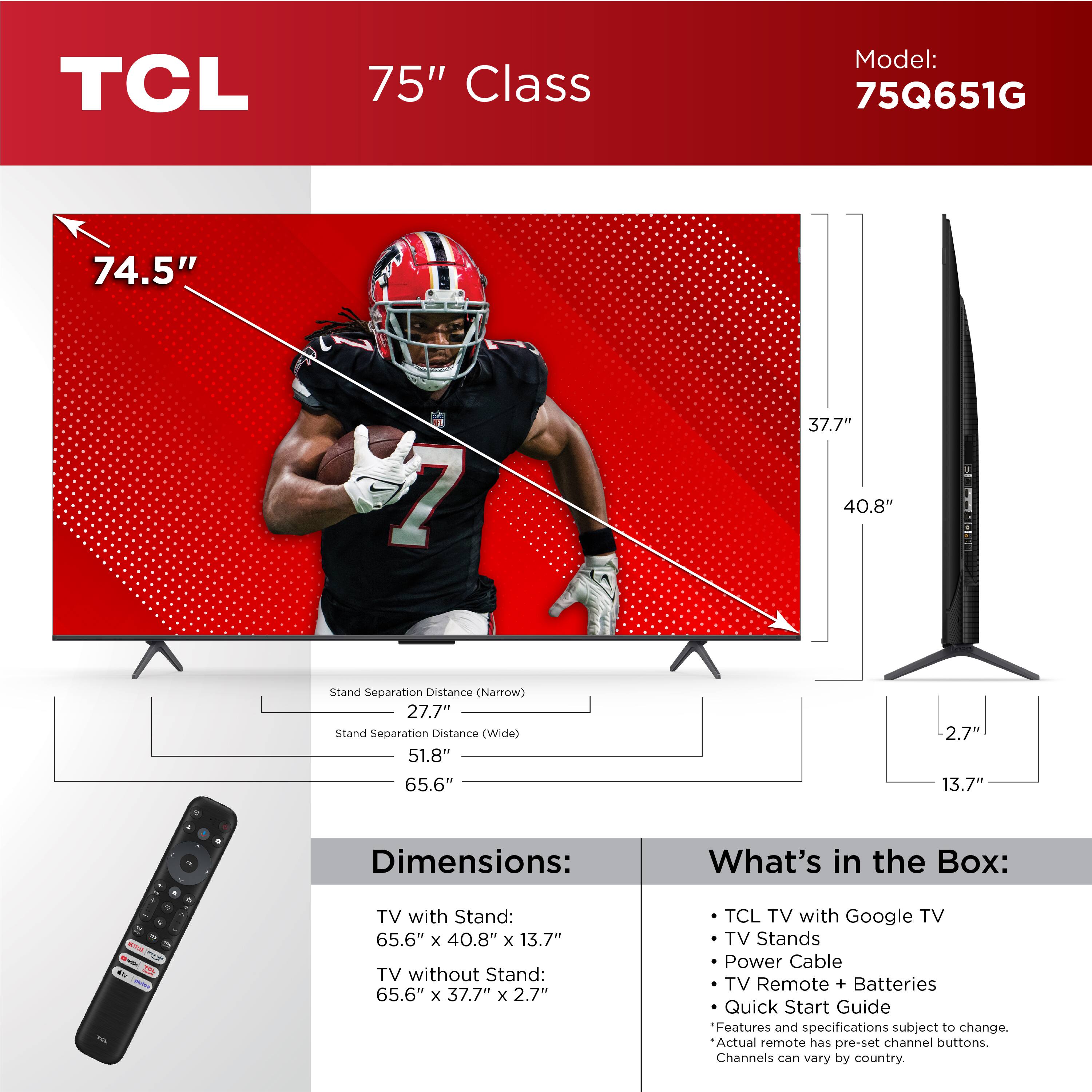 TCL 75Q651G 75” Class Q6 QLED TV 75Q651G 4K UHD HDR Smart Google display and camera view