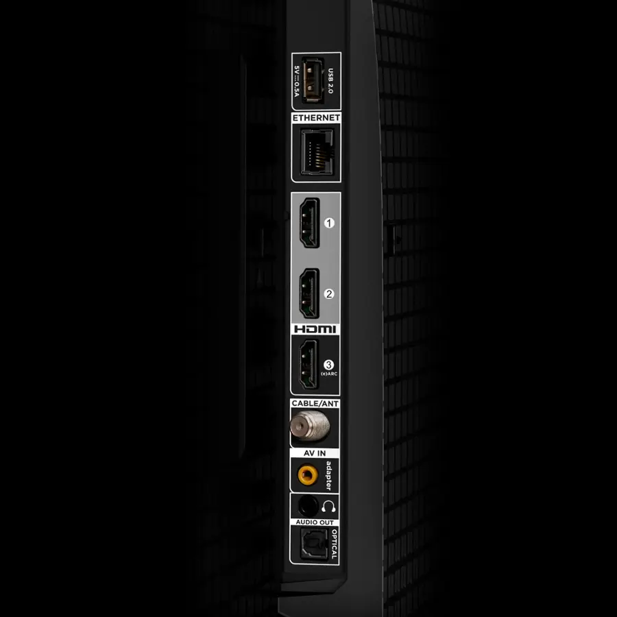The text on the image reads: "SV=O.SA USB 2.0 Ethernet 1 2 HDMI 3 Gigabit Cable/Antenna Adapter Audio Out Optical." This text describes the various ports and features of the device, including USB 2.0, Ethernet, HDMI, and an optical audio output.