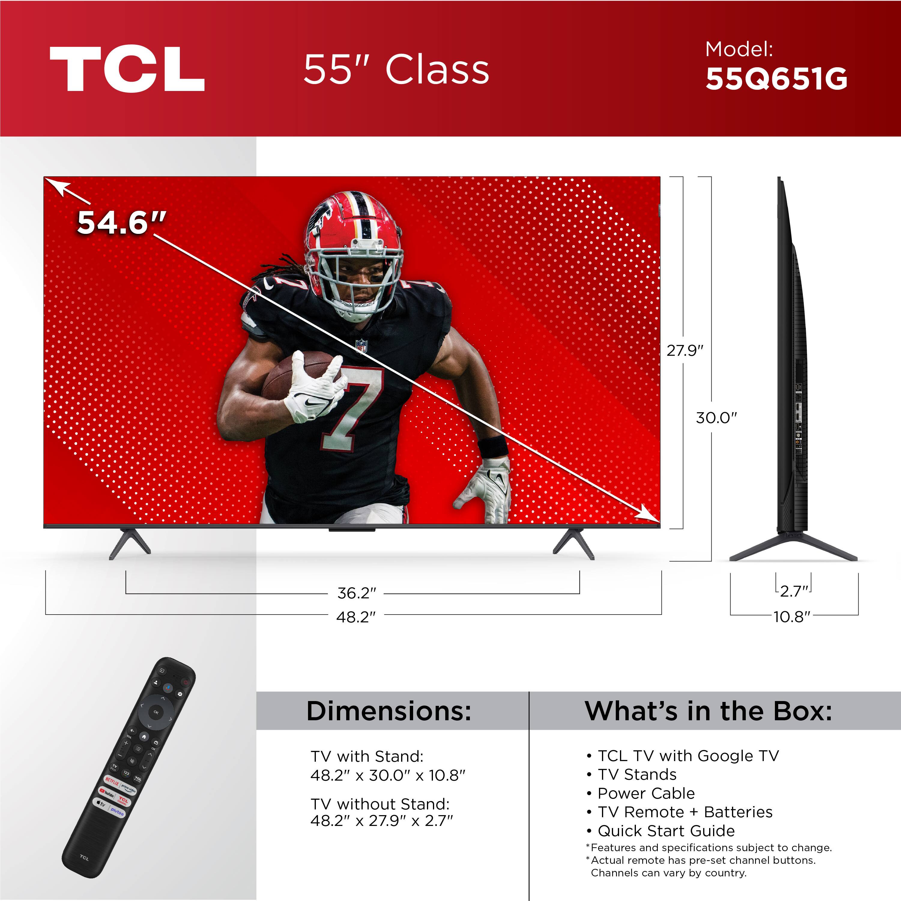 TCL 55” Q6 QLED 4K UHD HDR Smart Google TV - 55Q651G display and camera view