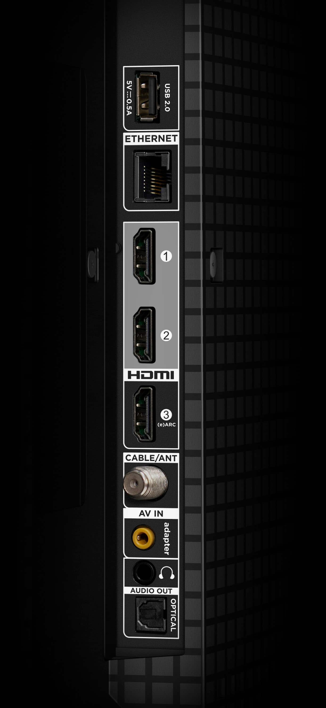 The text on the image reads: "5V=0.5A USB 2.0 Ethernet 1 2 HDMI 3 (ARC) Cable/Antenna Adapter Audio Out Optical." This text describes the various ports and features available on the device. The device has a USB 2.0 port, an Ethernet port, two HDMI ports, an ARC port, and an optical audio out port. Additionally, the device is an adapter that can be used for cable or antenna connections.