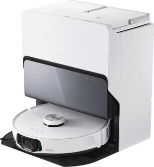 Front. Roborock - S8 MaxV Ultra Robot Vacuum and Mop with FlexiArm Design Side Brush, 10,000 Pa Suction and 8-in-1 RockDock Ultra - White.