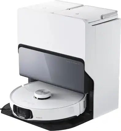 Front. Roborock - S8 MaxV Ultra Robot Vacuum and Mop with FlexiArm Design Side Brush, 10,000 Pa Suction and 8-in-1 RockDock Ultra - White.