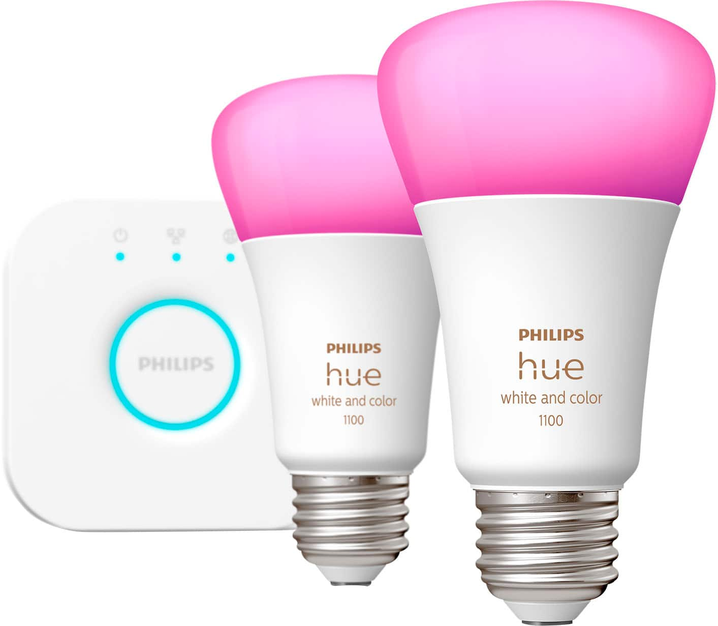 Angle View: Philips - Hue Color A19 Smart LED Bulb 2PK + Hue Bridge - White and Color Ambiance