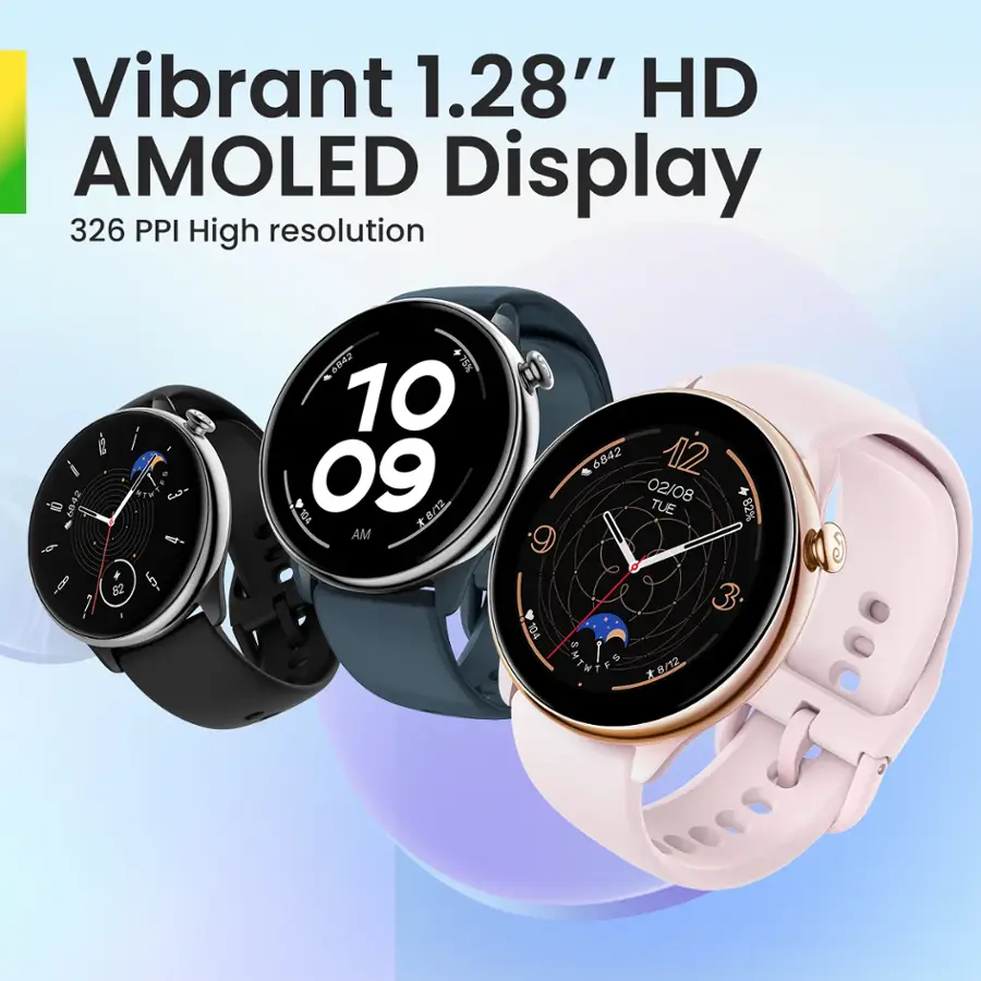 The image features three different watches with a vibrant 1.28" HD AMOLED display. The watches have a 326 PPI high resolution, making them suitable for various activities and purposes. The watches are designed to be comfortable and stylish, with a 6042 - 82 1W battery life that can last for an extended period. The watches also have a 10 09 8/12 YOL display, which is easy to read and provides the time and date. The watches are suitable for daily use and can be used for tracking activities, making them a great choice for those who want a smartwatch that is both functional and fashionable.