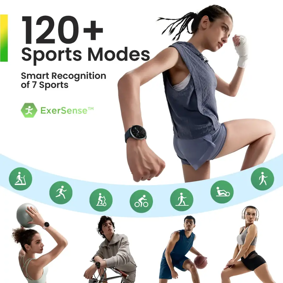 The image features a woman wearing a gray shirt and gray shorts, who is holding a basketball. The scene is set in a gym, and there are several other people in the background, some of whom are also holding basketballs. The image is promoting a smart watch that offers 120+ sports modes, including smart recognition of 7 sports. The watch is designed to track various activities, such as basketball, and provide users with valuable data and insights about their performance and progress.