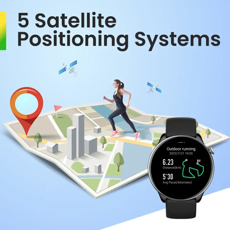 The image features a woman running on a map, with a watch displaying her progress. The watch shows that she is outdoors running and has covered a distance of 6.23 kilometers at an average pace of 5'30 per kilometer. The image is categorized as Activity_Trackers_and_Smart_Watches, highlighting the use of technology to track and monitor physical activities.