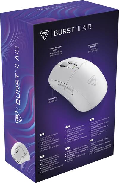 Turtle Beach Burst II Air - 2,4GHz-draadloze gamemuis: ultralicht met 47 gram, optische switches, symmetrisch, optische sensor van 26K DPI, Bluetooth, batterijvermogen van 120h, USB-C-kabel - Zwart Turtle Beach Burst II Air - 2,4GHz-draadloze gamemuis: ultralicht met 47 gram, optische switches, symmetrisch, optische sensor van 26K DPI, Bluetooth, batterijvermogen van 120h, USB-C-kabel - Zwart