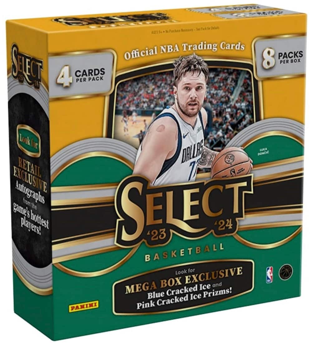 The image features a box of basketball trading cards from the NBA. The box contains eight packs, each with four cards. The cards are from the SELECT game and include exclusive autographs from the hottest players. Additionally, the box has a retail exclusive of seven autographs. The cards also feature Mega Ice and Blue Cracked Ice Prizms, as well as Pink Cracked Ice.