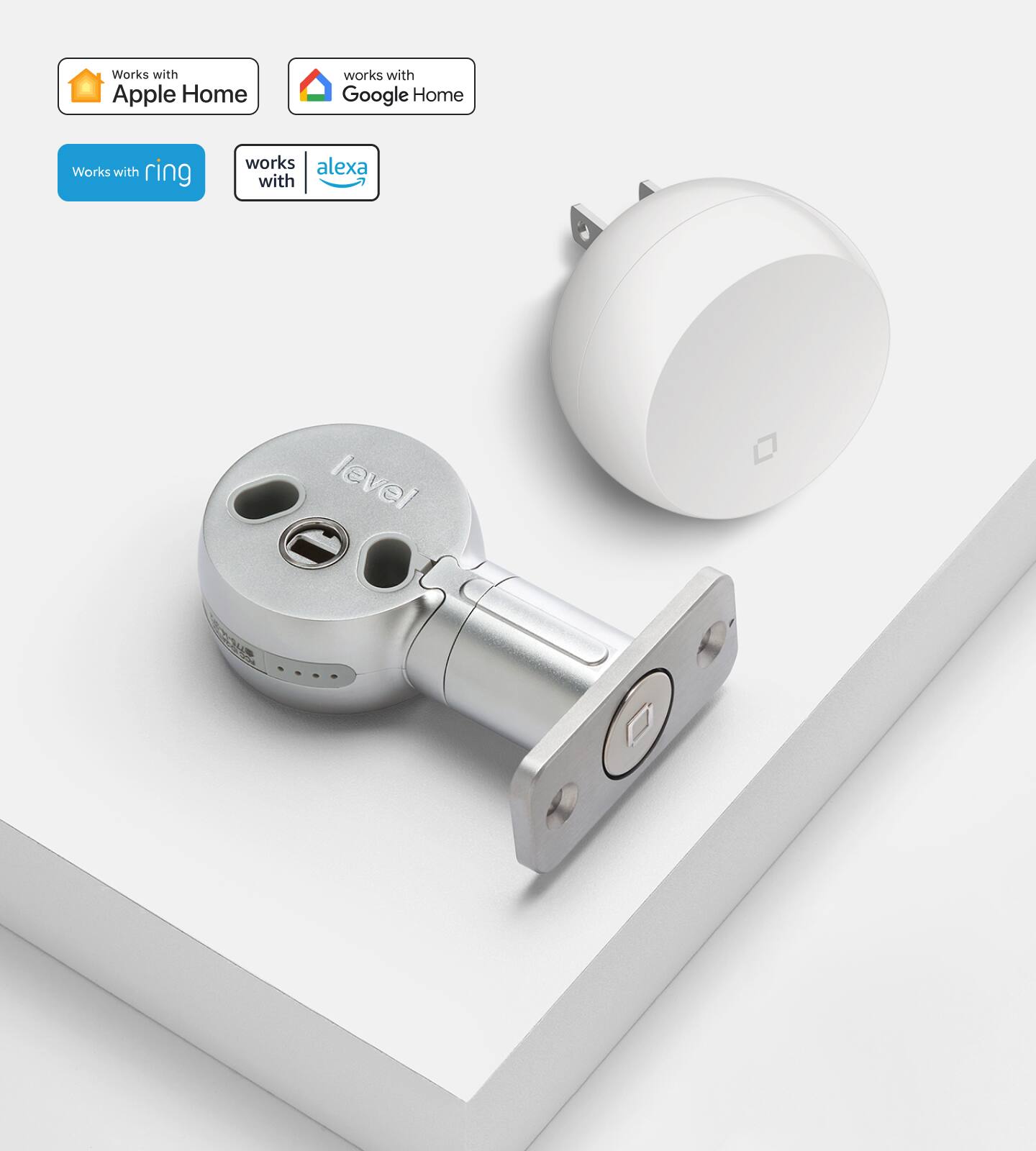 The image features a smart lock with a keypad and a key fob, which is compatible with various smart home systems such as Apple Home, Google Home, and Ring. The lock is designed to work with Alexa and is made by the company Level.