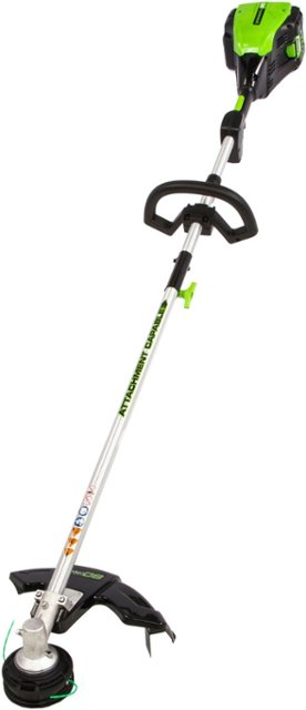 Front. Greenworks - Refurbished 80V 16" Cutting Diameter Brushless Straight Shaft Grass Trimmer 2.0 Ah Battery and Rapid Charger - Green.