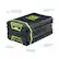 The image features a Greenworks 80V battery box, which is a portable power source for various tools. The box is black and green and has a 4.0AH lithium battery. It is compatible with 75+ Greenworks Pro 80V tools and can be used with an 80V charger. The box has an on-board LED fuel indicator and delivers fade-free power with no memory loss. It can be charged rapidly, reaching full capacity in just 60 minutes.
