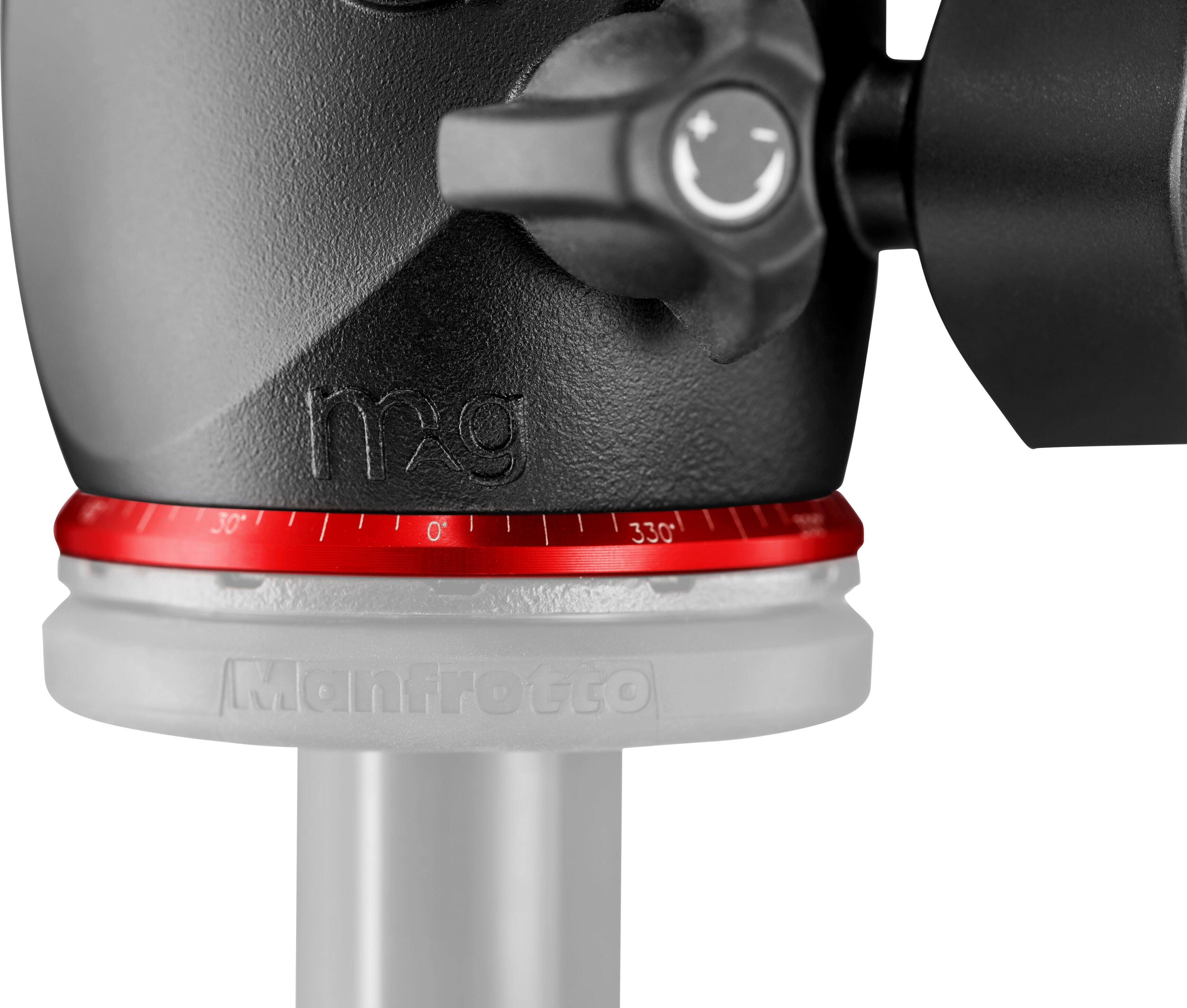 The image features a close-up of a camera lens, which is attached to a Manfrotto tripod. The lens is mounted on a black and red stand, and the camera is positioned to capture a wide-angle view. The lens is designed for use with a Nikon camera, and it is equipped with a red ring to provide additional stability and support.