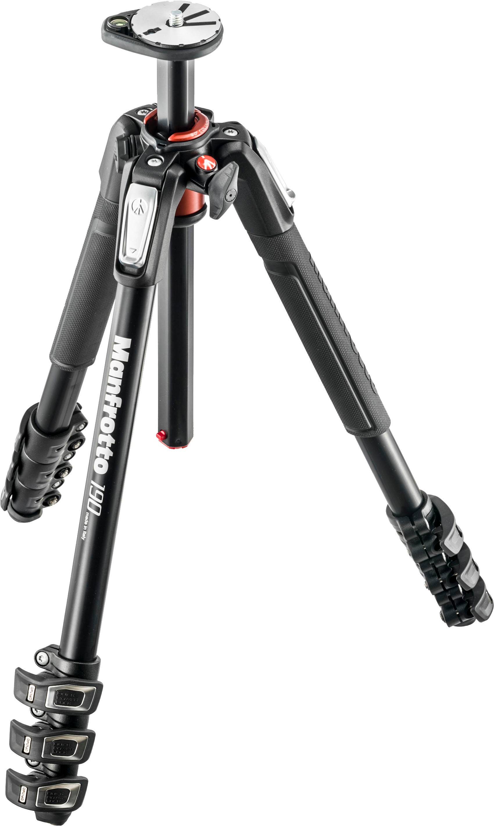 The image features a black tripod with a camera mount on top. The tripod has a Manfrotto 61 brand, and it is set up in a studio setting. The tripod is designed to hold a camera securely and provide stability for photography or videography purposes.