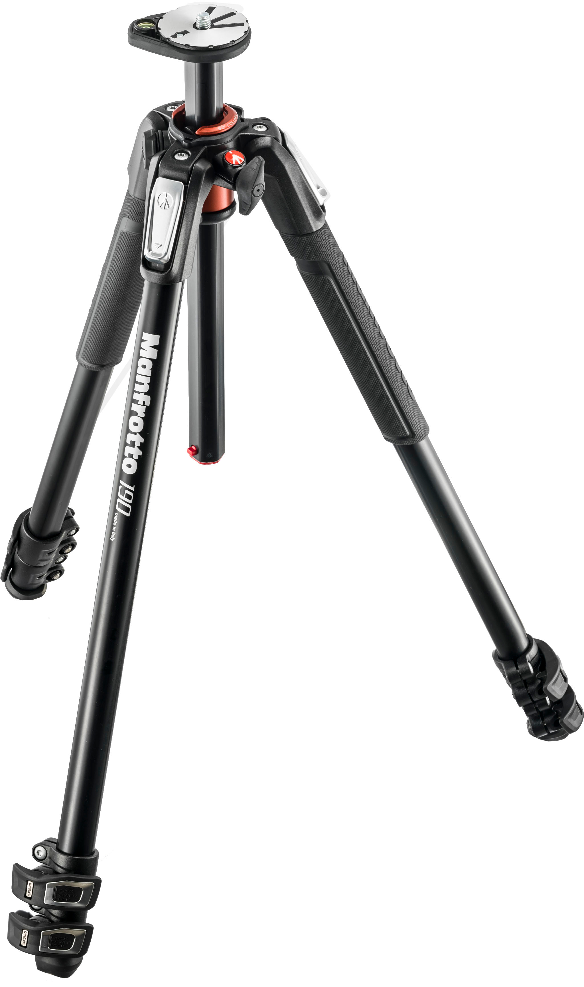 The image features a Manfrotto tripod, which is a type of camera support equipment. The tripod has a black color and is designed to hold a camera securely in place. The legs of the tripod are spread out, providing stability and support for the camera. The tripod is standing on a white background, making it the main focus of the image.