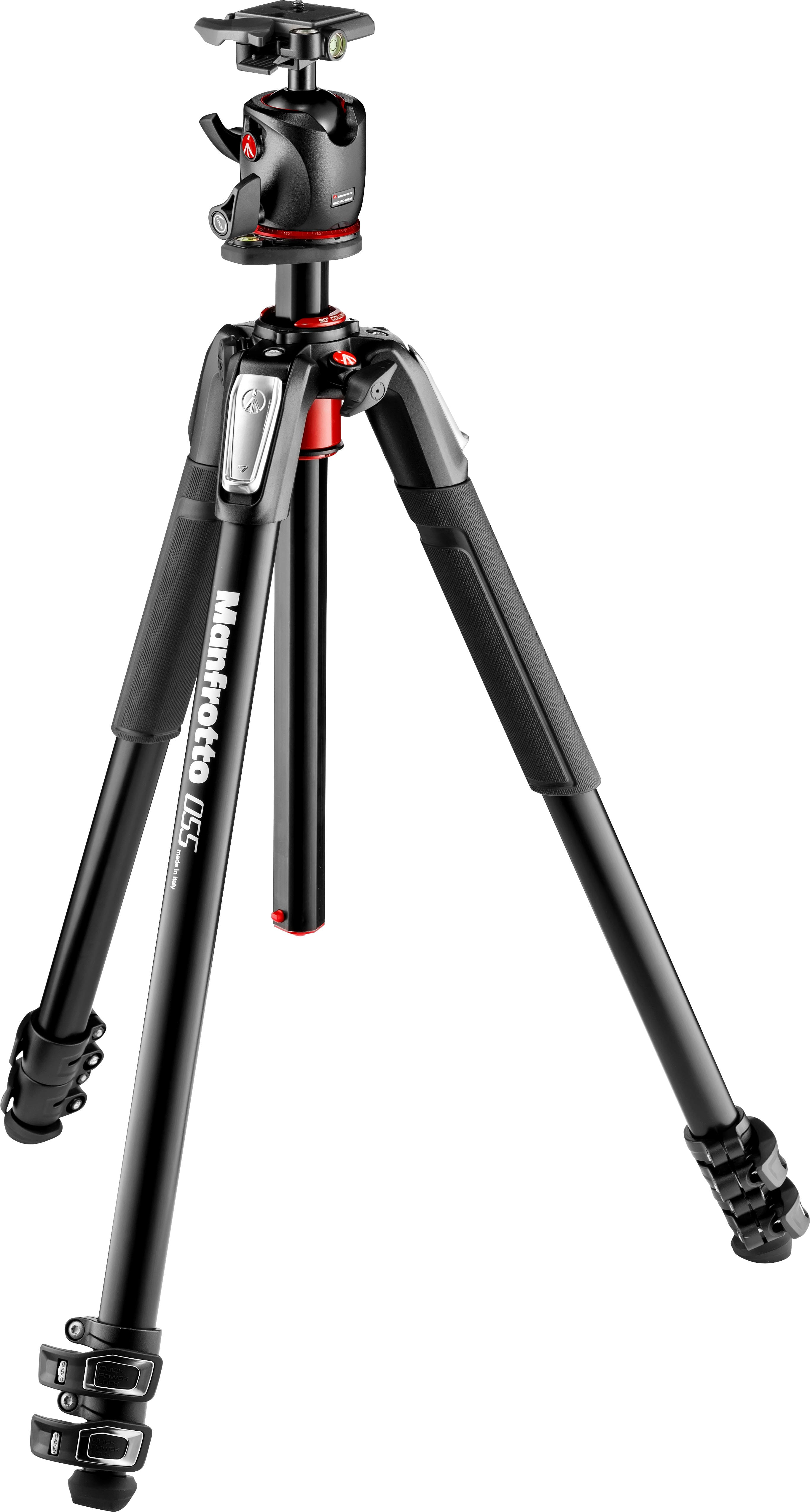 The image features a Manfrotto tripod with a black and red color scheme. The tripod has three legs and a camera mount on top, making it suitable for photography and videography purposes. The legs are spread apart, providing stability for the camera setup.