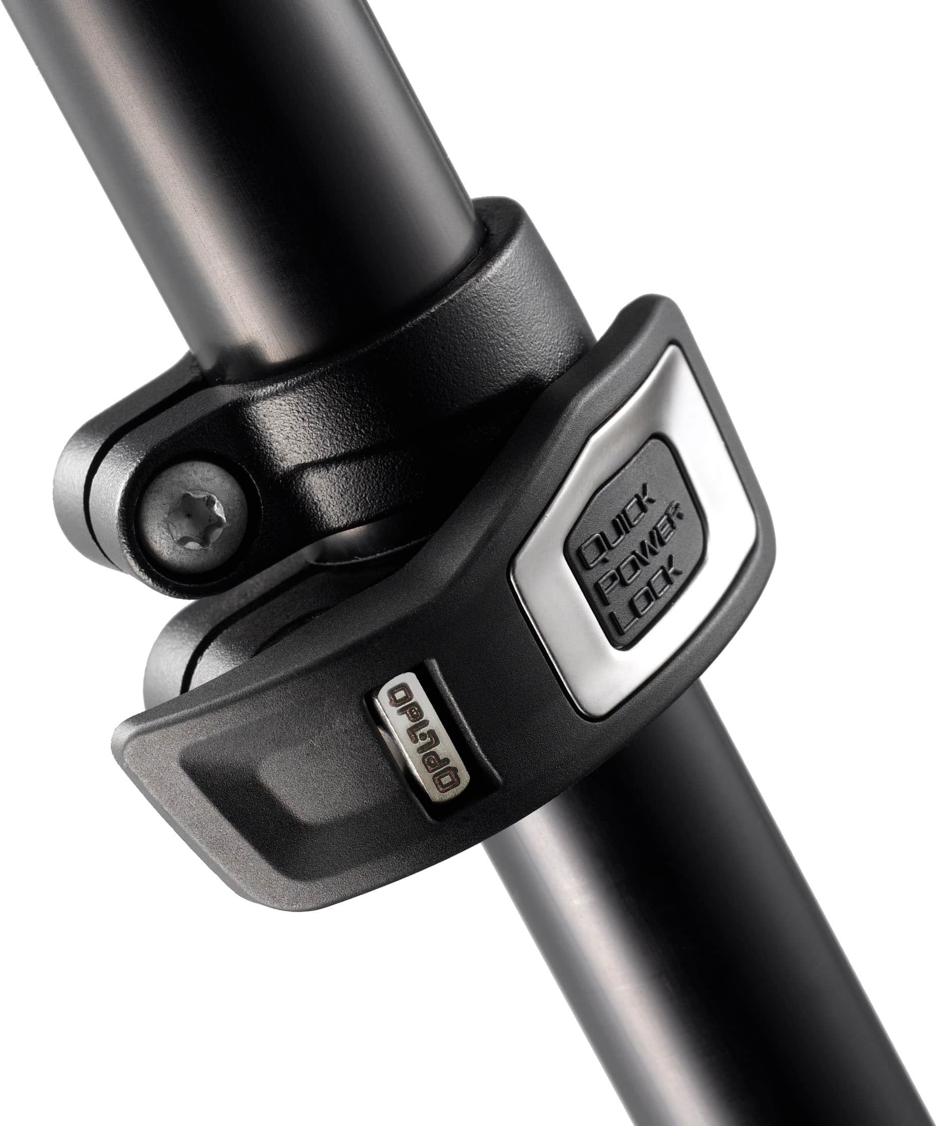 The image features a black bicycle seat post with a black and silver quick lock attached to it. The quick lock is designed to secure the bike to a fixed object, such as a bike rack or a post, to prevent theft. The post is made of metal and has a sleek, modern appearance. The quick lock is a convenient and effective way to keep your bike safe while you are away from it.