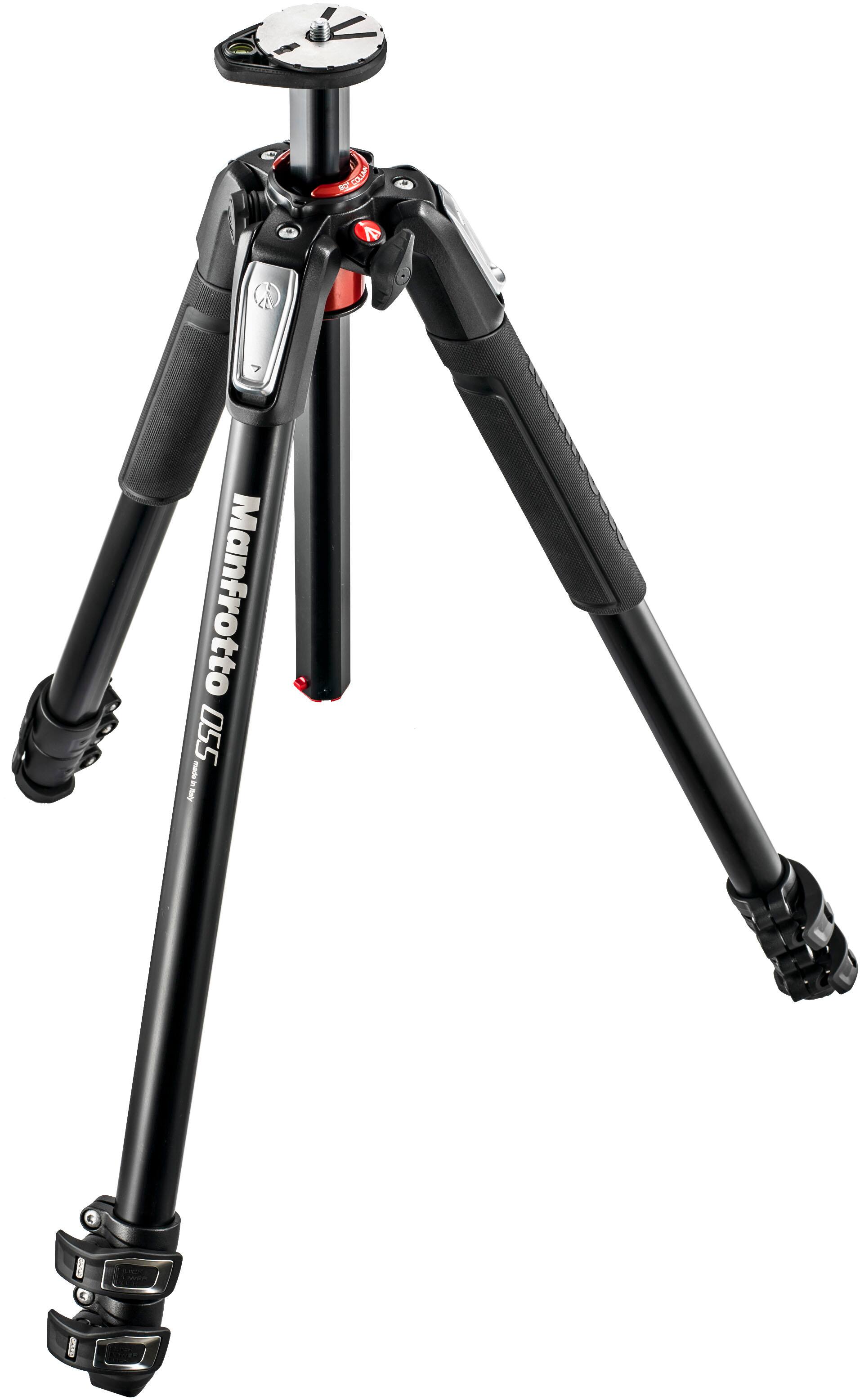 The image features a Manfrotto 055XPRO tripod with a black and silver color scheme. The tripod has a black and silver color scheme, and it is set up with a camera mount on top. The tripod is standing upright against a white background, showcasing its stability and functionality.