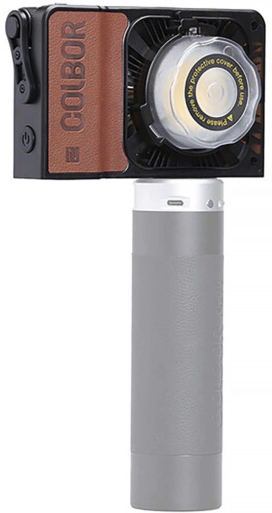 The image features a close-up of a photo and video light, specifically a Colbor light. The light is attached to a camera, and it is placed on a stand. The light is designed to provide illumination for photography and videography purposes.