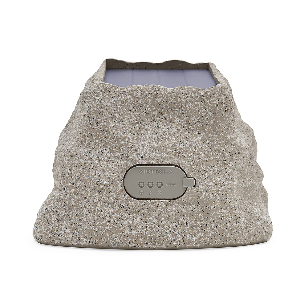 Left View: Victrola Outdoor Wireless Bluetooth Solar Rock Speaker Connect - Granite