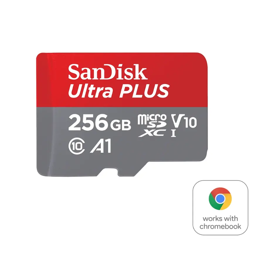The image features a SanDisk Ultra PLUS memory card with a capacity of 256 GB. It is designed to work with Chromebooks and is compatible with microSD cards. The card is red and gray in color, and it is displayed in a close-up view.