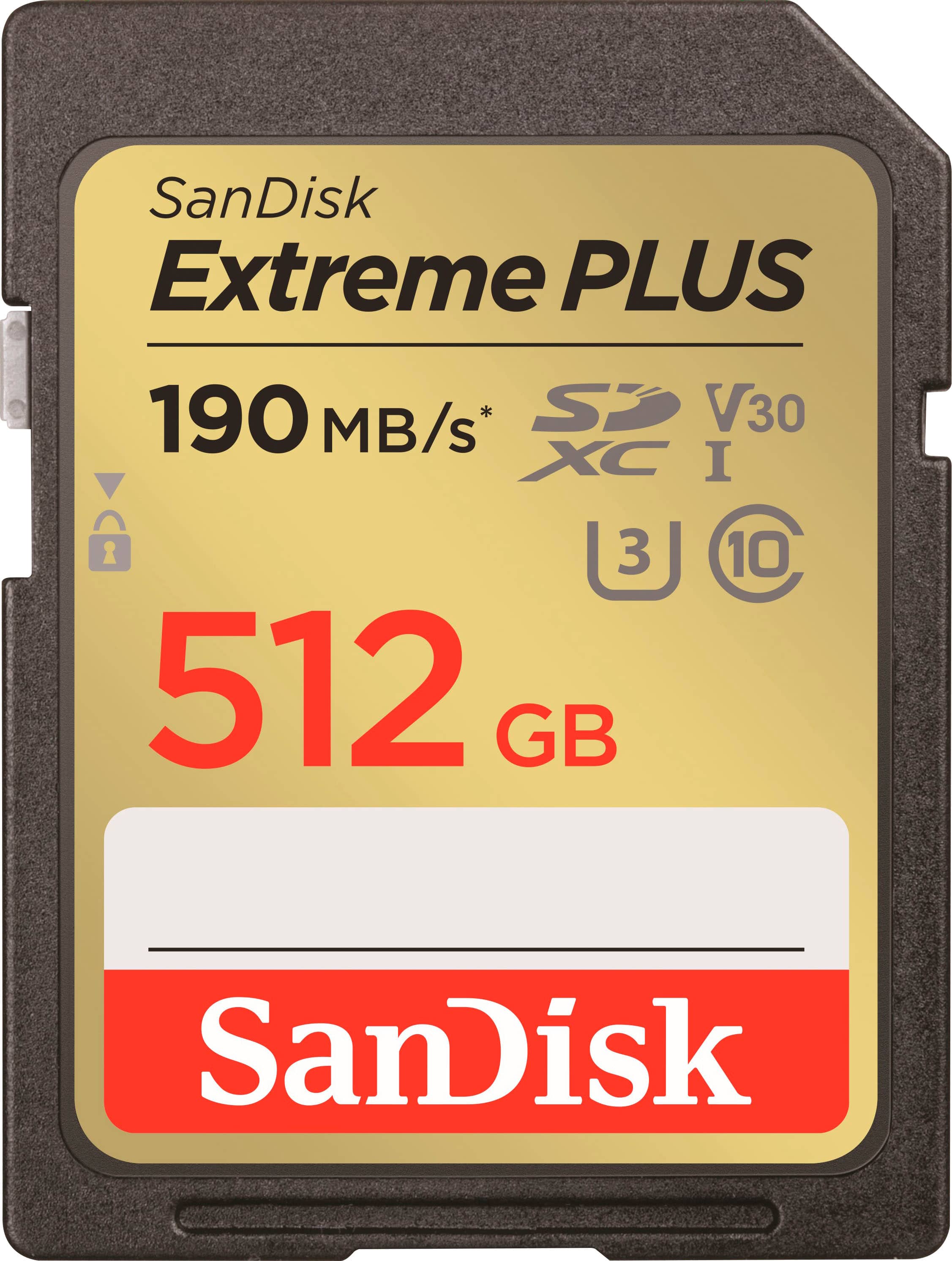 Front. SanDisk - Extreme PLUS 512GB SDHC/SDXC UHS-I Memory Card - Gold.