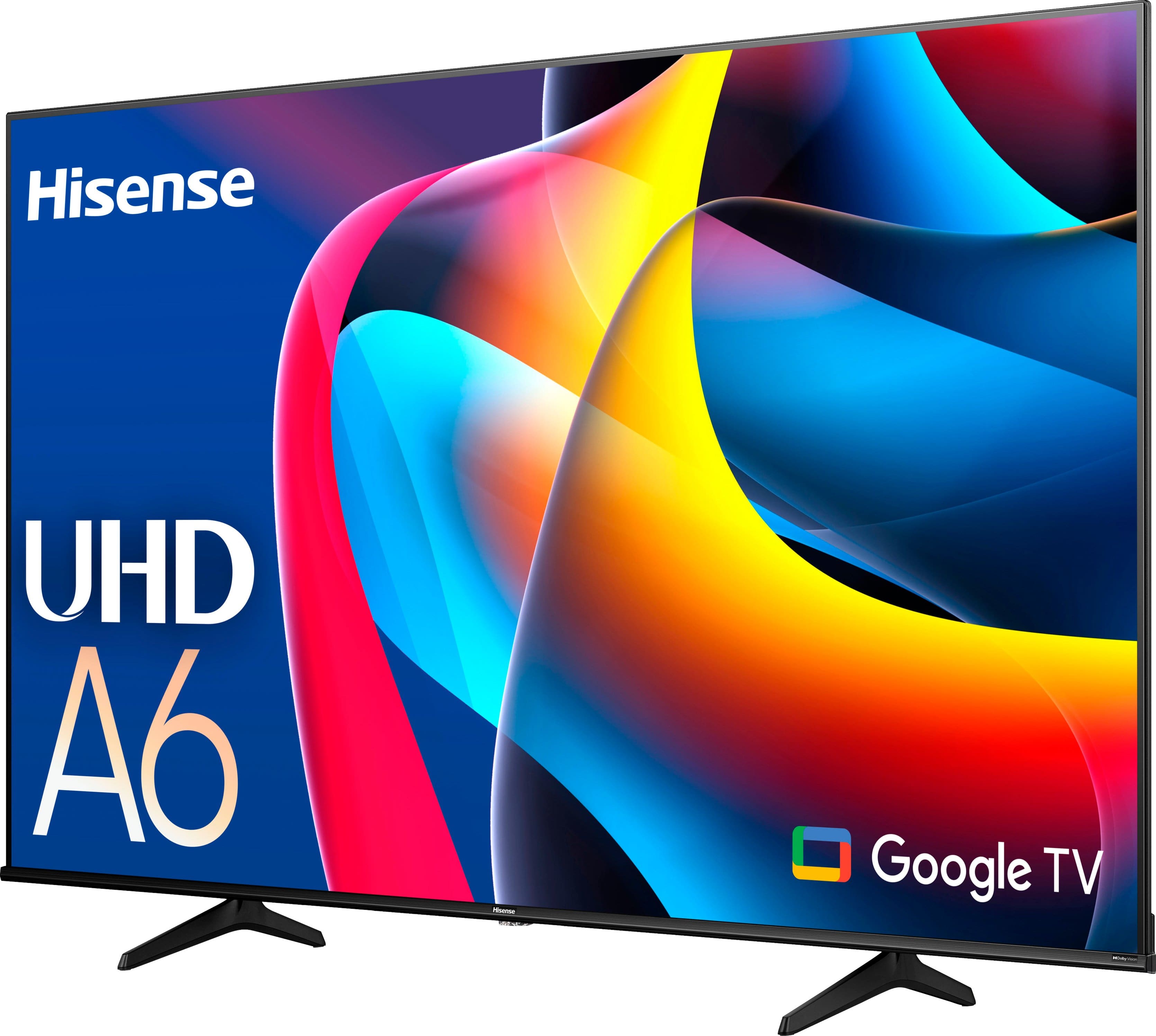 The image features a large Hisense UHD A6 television with Google TV. The screen is brightly lit and has a blue background. The TV is positioned on a stand, and it is the main focus of the image. The Hisense logo is prominently displayed on the screen, emphasizing the brand and model of the television.