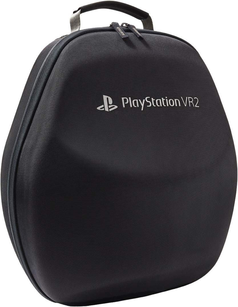 The image features a black PlayStation VR2 bag, which is designed to hold the PlayStation VR2 headset and its accessories. The bag is made of a durable material and has a strap for easy carrying. It is a compact and convenient way to store and transport the VR2 equipment.