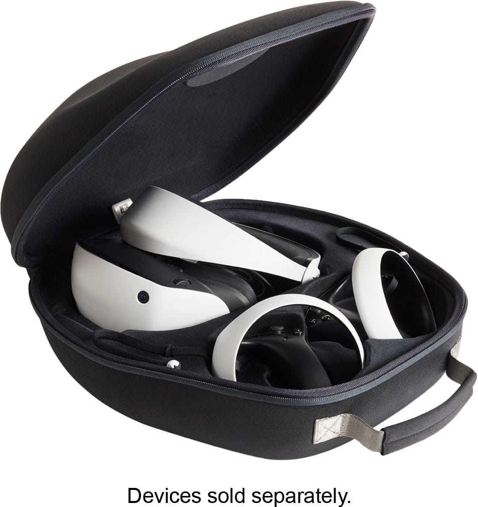 The image features a black case with a white object inside, which appears to be a headset. The case is open, revealing the headset inside. The text "PlayStationVR2 headset and PlayStation VR2 SenseM controller not included" is displayed at the bottom of the image.