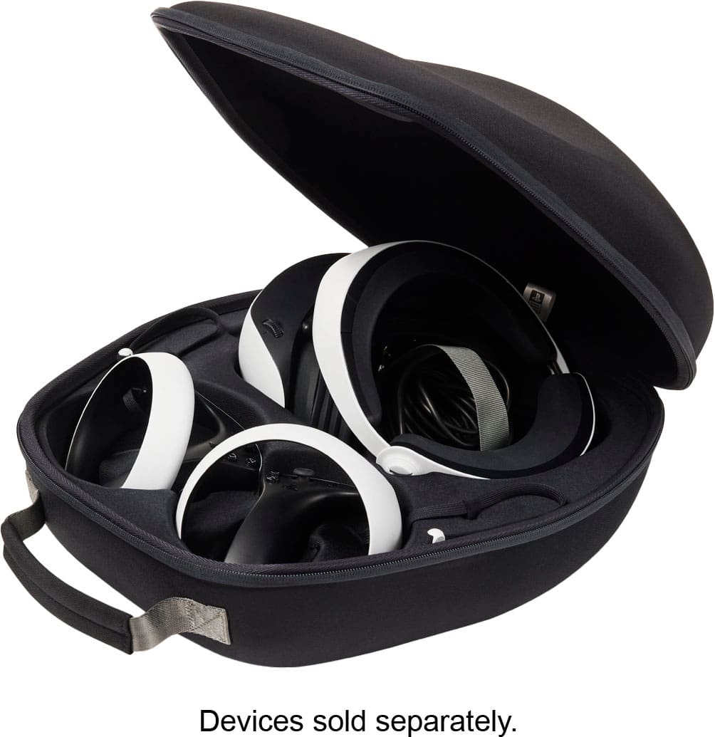 The image shows a black case with a lid open, revealing a collection of PlayStation VR2 headset and PlayStation VR2 SenseM controller. The case is empty, and the headset and controller are not included. The case is designed to hold these items securely and protect them from damage.