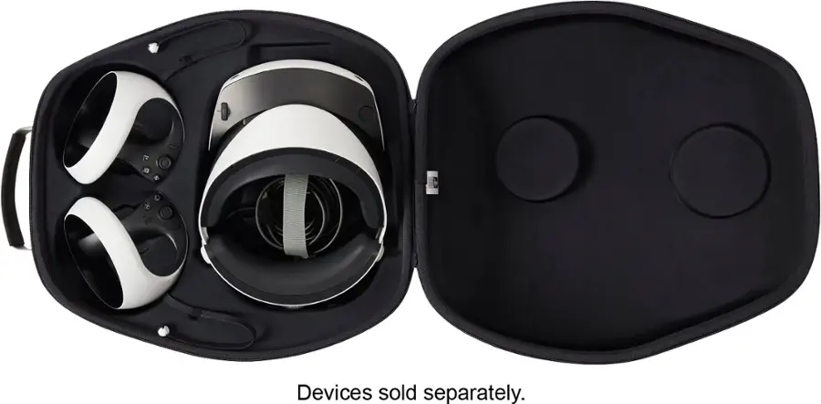The image features a black case with a white interior, which is designed to hold a PlayStation VR headset and a PlayStation VR2 SenseM controller. The case is open, revealing the headset and controller inside. The PlayStation VR2 headset and PlayStation VR2 SenseM controller are not included in the image.