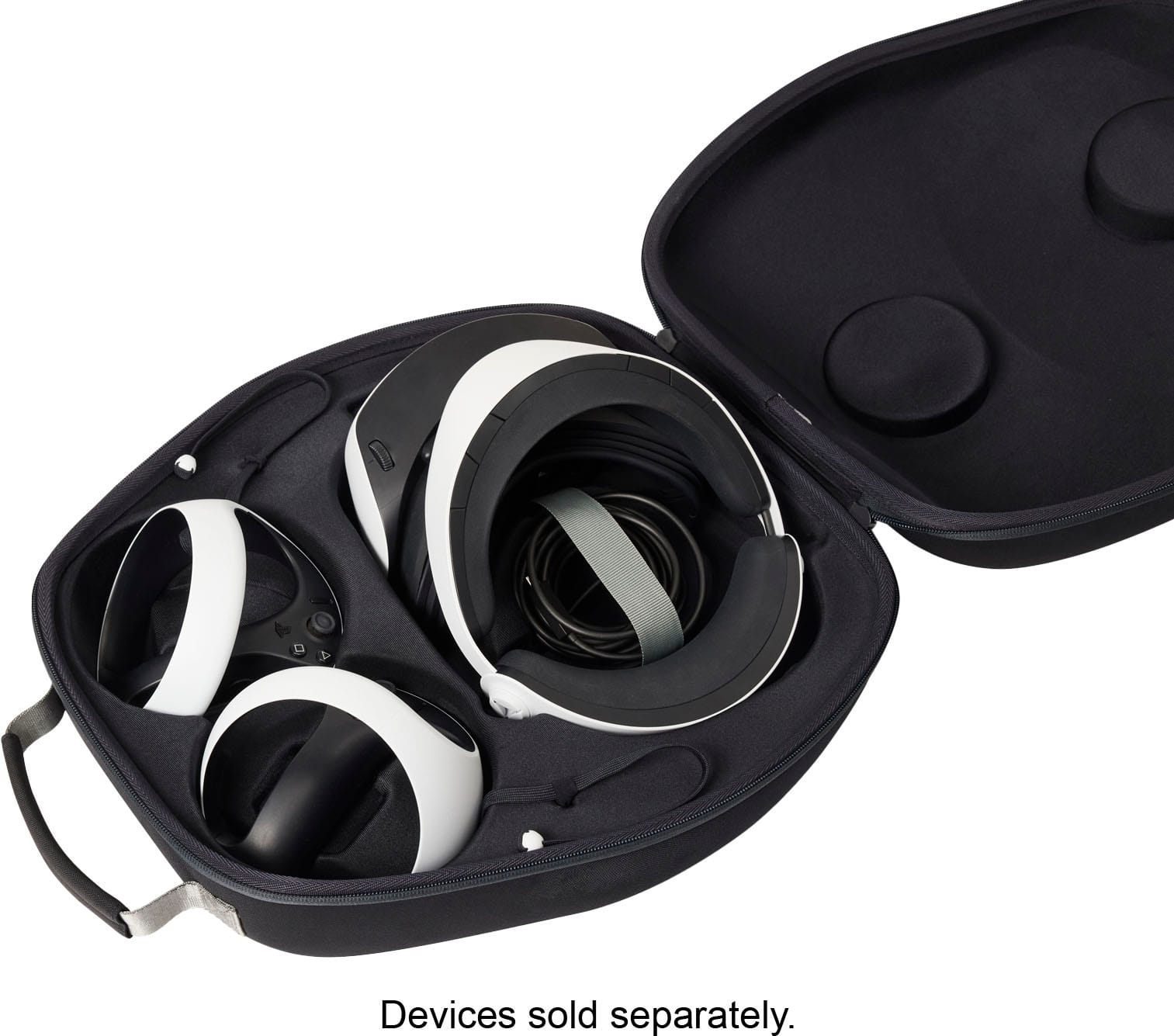 The image shows a black case containing a variety of PlayStation VR2 accessories. The case is filled with different items, including a VR headset and a Sense controller. The VR headset is the largest item in the case, while the Sense controller is smaller and positioned towards the right side of the case. The case is designed to hold these accessories securely and is likely used for transportation or storage purposes.