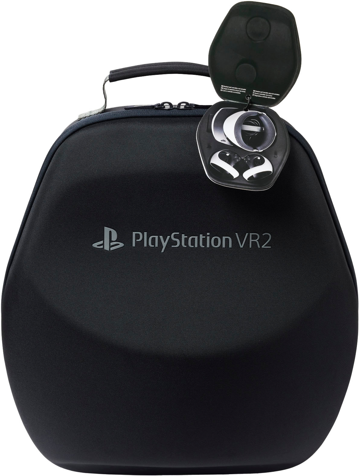 The image features a black case with a PlayStation VR2 tag attached to it. The case is designed to hold the PlayStation VR2 headset, providing a secure and convenient way to transport it. The tag on the case indicates that it belongs to the PlayStation VR2 system, making it easy to identify and recognize.