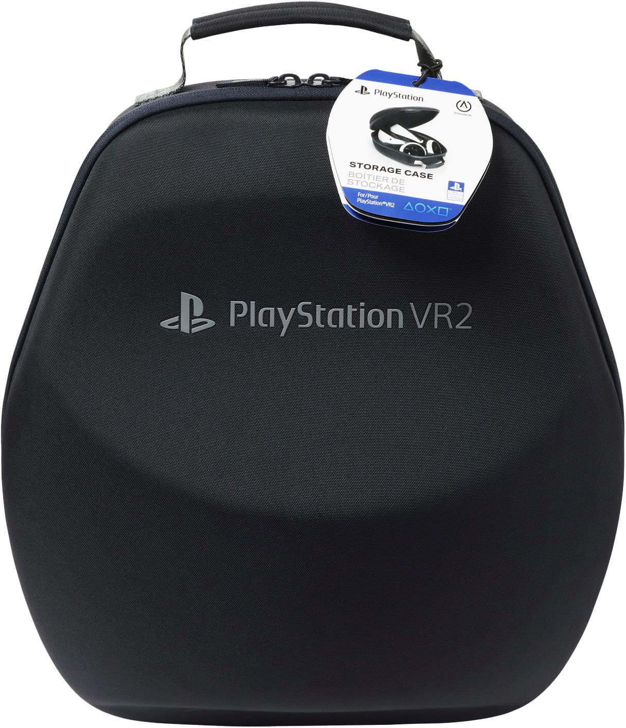 The image features a black PlayStation VR2 storage case. The case is designed to hold and protect the PlayStation VR2 headset and its accompanying accessories. The case is made of durable materials and has a sturdy zipper closure to keep the contents secure. It is an essential accessory for any PlayStation VR2 user who wants to keep their gaming equipment organized and protected.