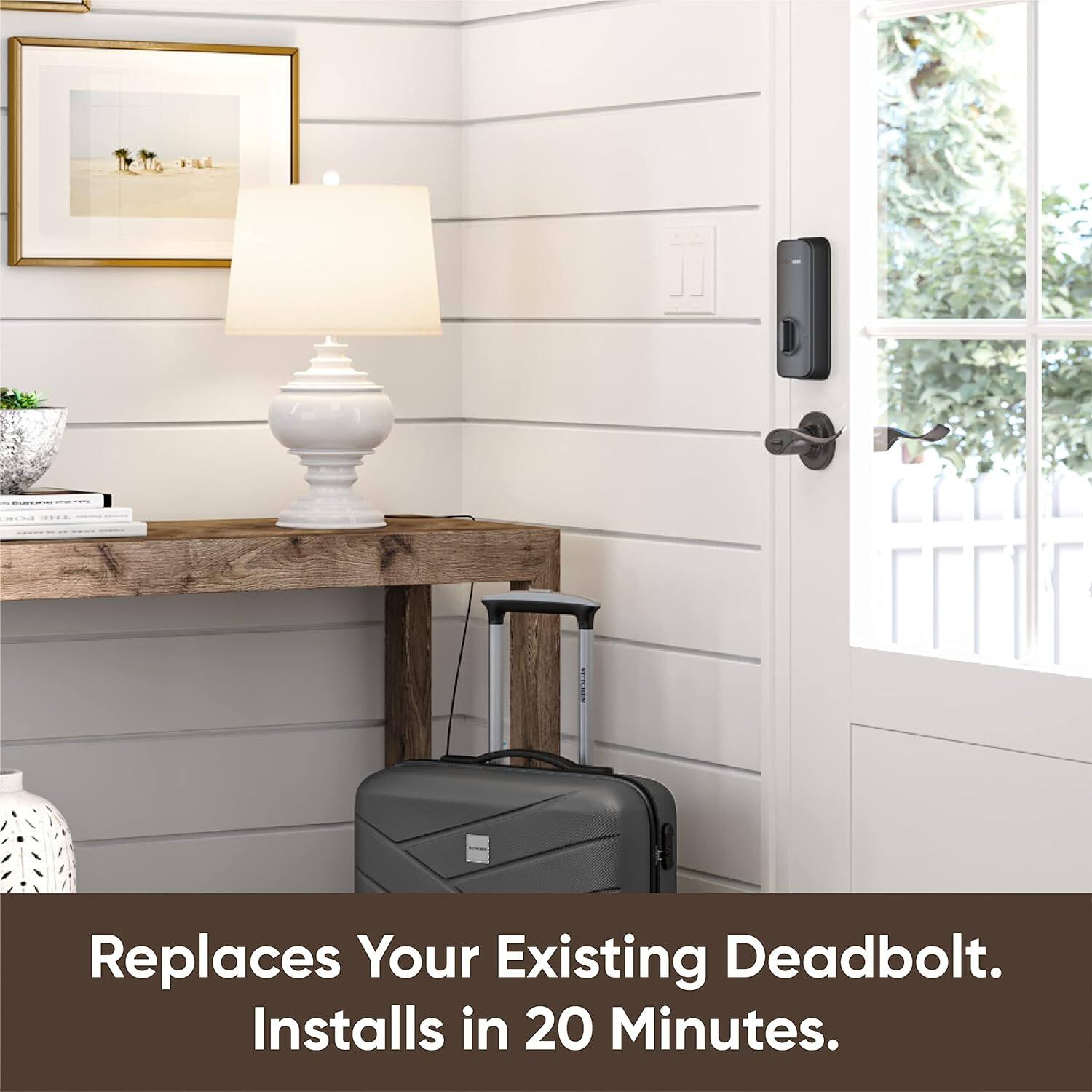 The text on the image reads: "Replaces Your Existing Deadbolt. Installs in 20 Minutes."
