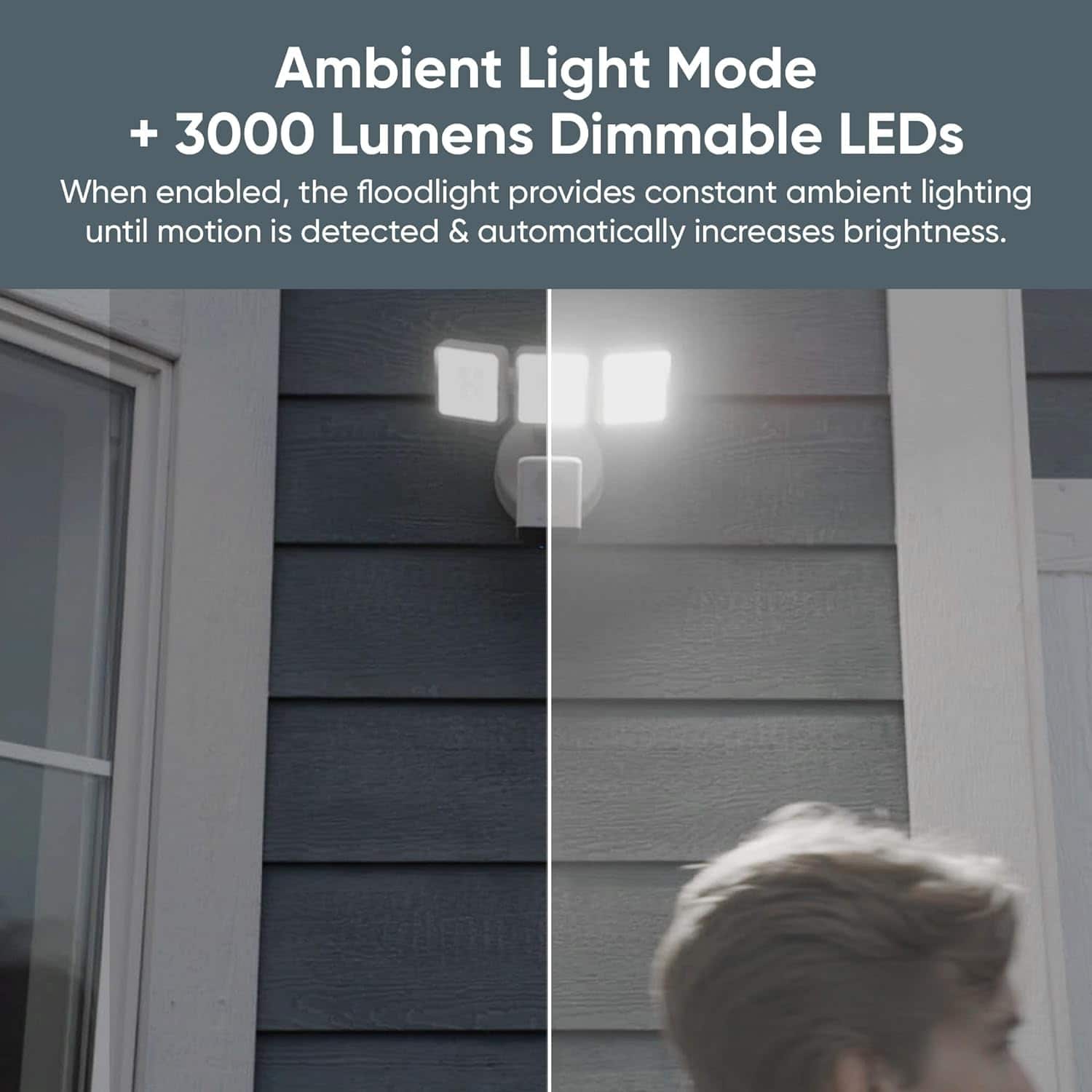 Ambient Light Mode + 3000 Lumens Dimmable LEDs: When enabled, the floodlight provides constant ambient lighting until motion is detected and automatically increases brightness.