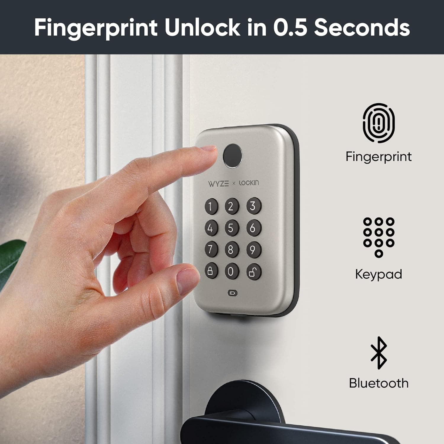 Fingerprint Unlock in 0.5 Seconds Fingerprint WYZE x LOCKIN 1 2 3 4 5 6 7 8 9 8 0 B Keypad Bluetooth