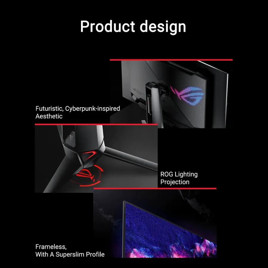 Product design:

1. Futuristic, Cyberpunk-inspired Aesthetic
2. Frameless, with a Superslim Profile
3. ROG Lighting Projection