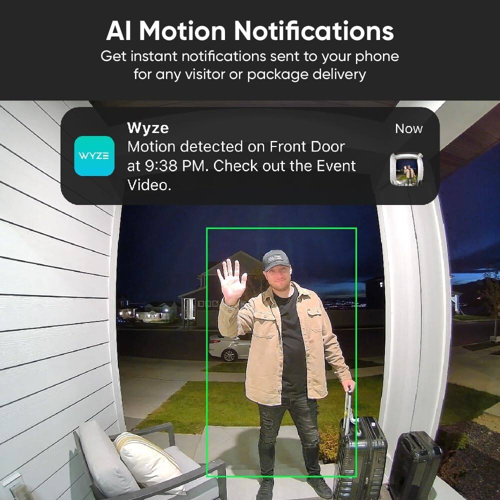 Wyze Motion Notifications: Get instant notifications sent to your phone for any visitor or package delivery. Wyze Motion detected on Front Door at 9:38 PM. Check out the Event Video. Now.