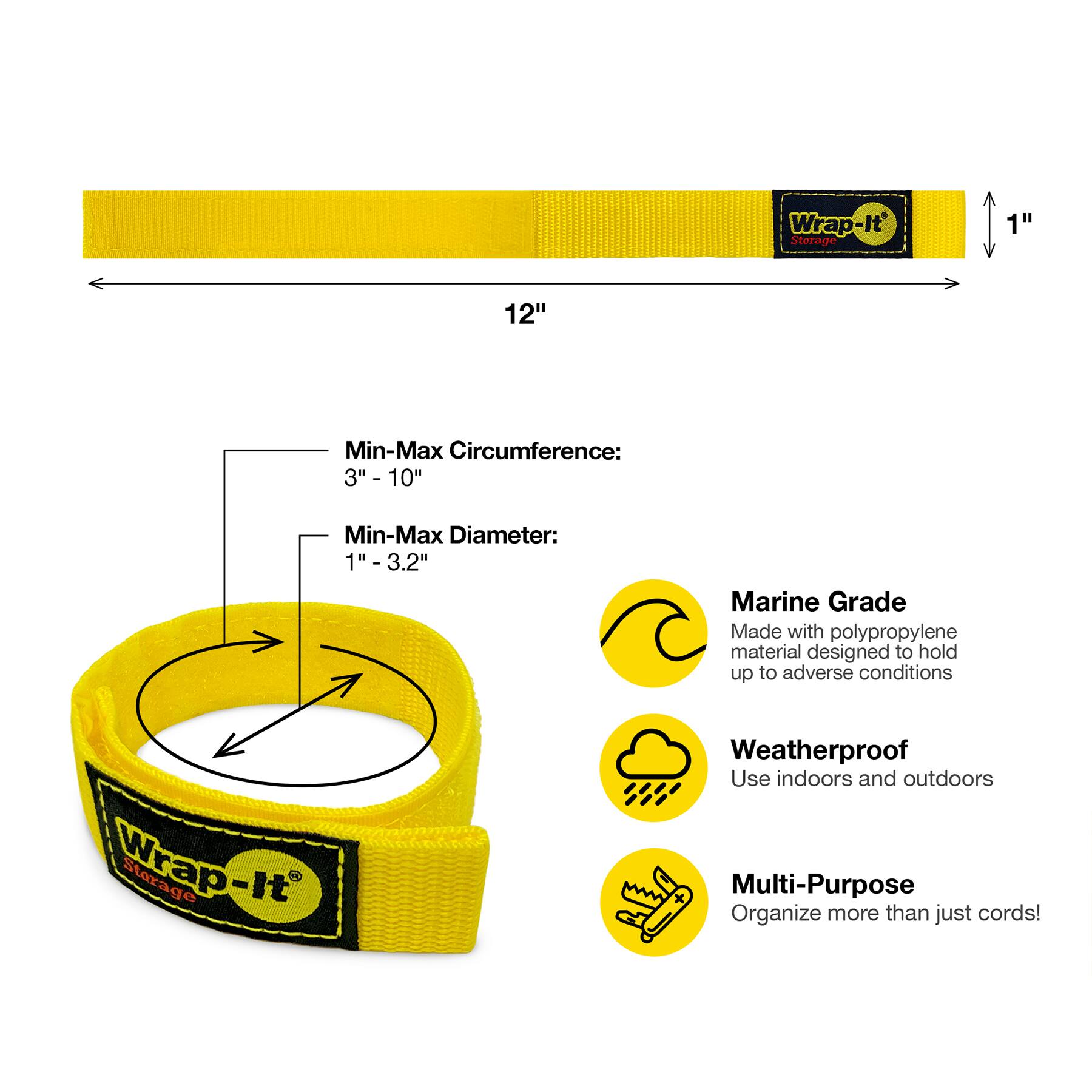 The image features a yellow Wrap-It Storage product, which is a cable tie or holder designed to hold up to adverse conditions. The product is made with polypropylene material and comes in a marine-grade version. The Wrap-It Storage is a versatile item that can be used both indoors and outdoors, and it is suitable for organizing more than just cords. The product is designed to have a min-max circumference of 3 to 10 inches and a min-max diameter of 1 to 3.2 inches.