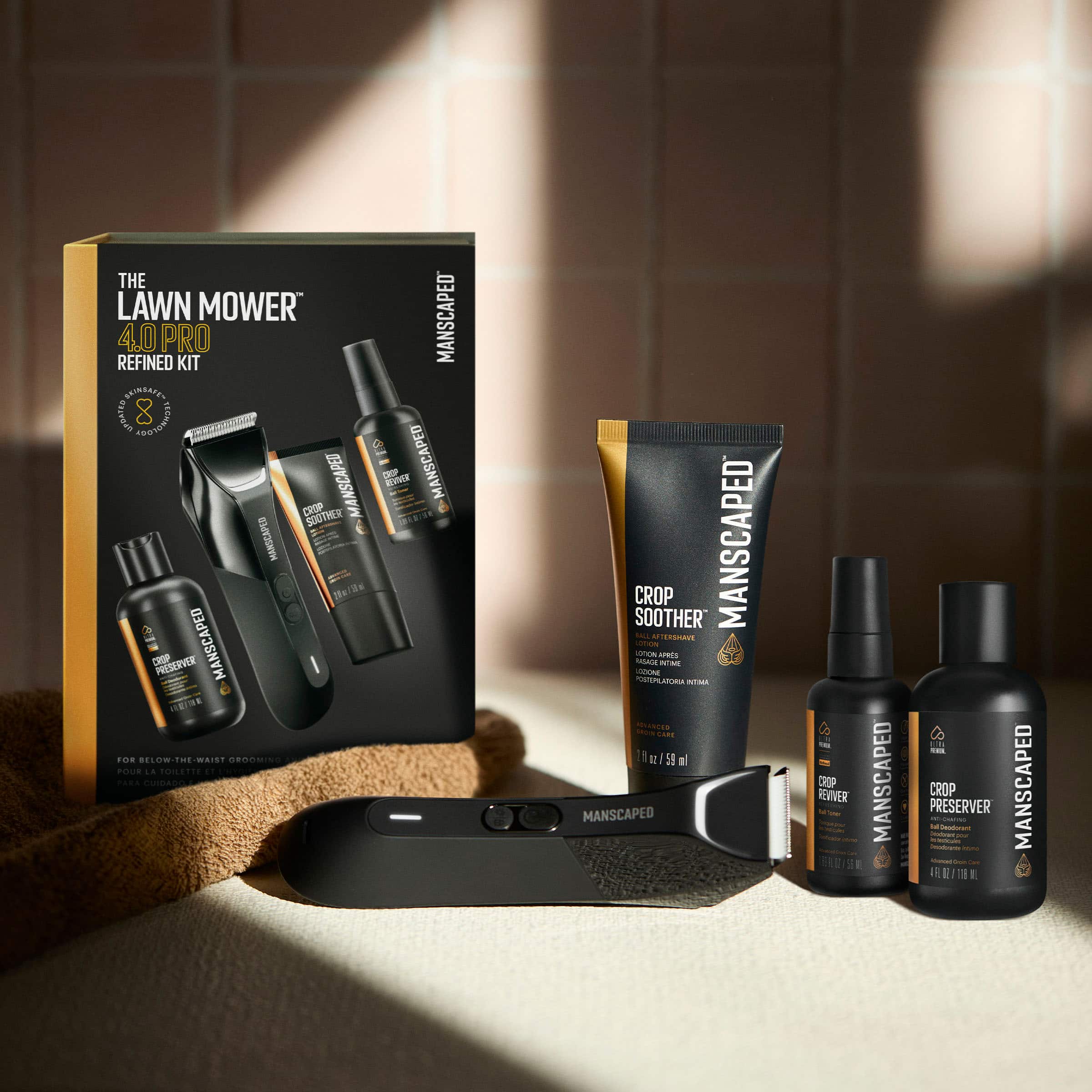 The Lawn Mower ManScaped 4.0 Pro Refinement Kit includes the following items: Manscaped Crop Preserver, Manscaped Crop Soother, Manscaped 2-in-1 EEED, Manscaped Reviver, Manscaped 4.0 Pro, and Manscaped Cup.